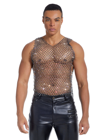 Muška majica bez rukava s rhinestones mrežastim uzorkom i prozirnim efektom, okrugli vrat, uski kroj, Ice Silk materijal