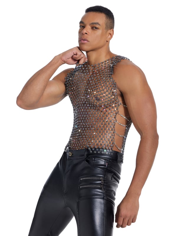 Muška majica bez rukava s rhinestones mrežastim uzorkom i prozirnim efektom, okrugli vrat, uski kroj, Ice Silk materijal