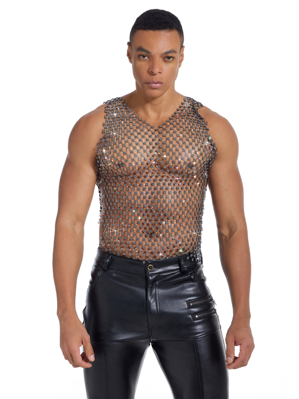 Muška majica bez rukava s rhinestones mrežastim uzorkom i prozirnim efektom, okrugli vrat, uski kroj, Ice Silk materijal
