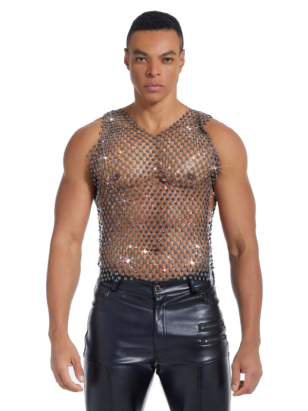 Muška majica bez rukava s rhinestones mrežastim uzorkom i prozirnim efektom, okrugli vrat, uski kroj, Ice Silk materijal