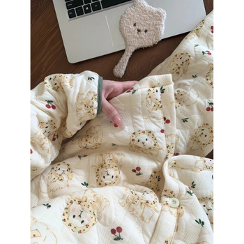 Set za kućnu odjeću od tkanine Air Cotton Layer, kardigan u slatkom stilu, debeo materijal 251-300 g/m², okrugli ovratnik, dugi rukavi i dugi hlače