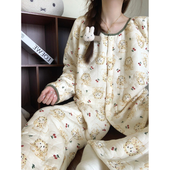 Set za kućnu odjeću od tkanine Air Cotton Layer, kardigan u slatkom stilu, debeo materijal 251-300 g/m², okrugli ovratnik, dugi rukavi i dugi hlače