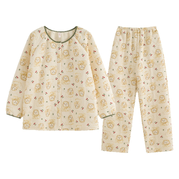 Set za kućnu odjeću od tkanine Air Cotton Layer, kardigan u slatkom stilu, debeo materijal 251-300 g/m², okrugli ovratnik, dugi rukavi i dugi hlače