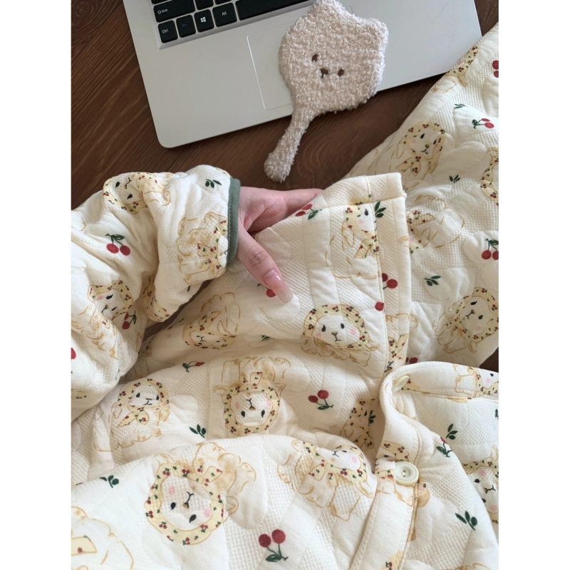 Set za kućnu odjeću od tkanine Air Cotton Layer, kardigan u slatkom stilu, debeo materijal 251-300 g/m², okrugli ovratnik, dugi rukavi i dugi hlače