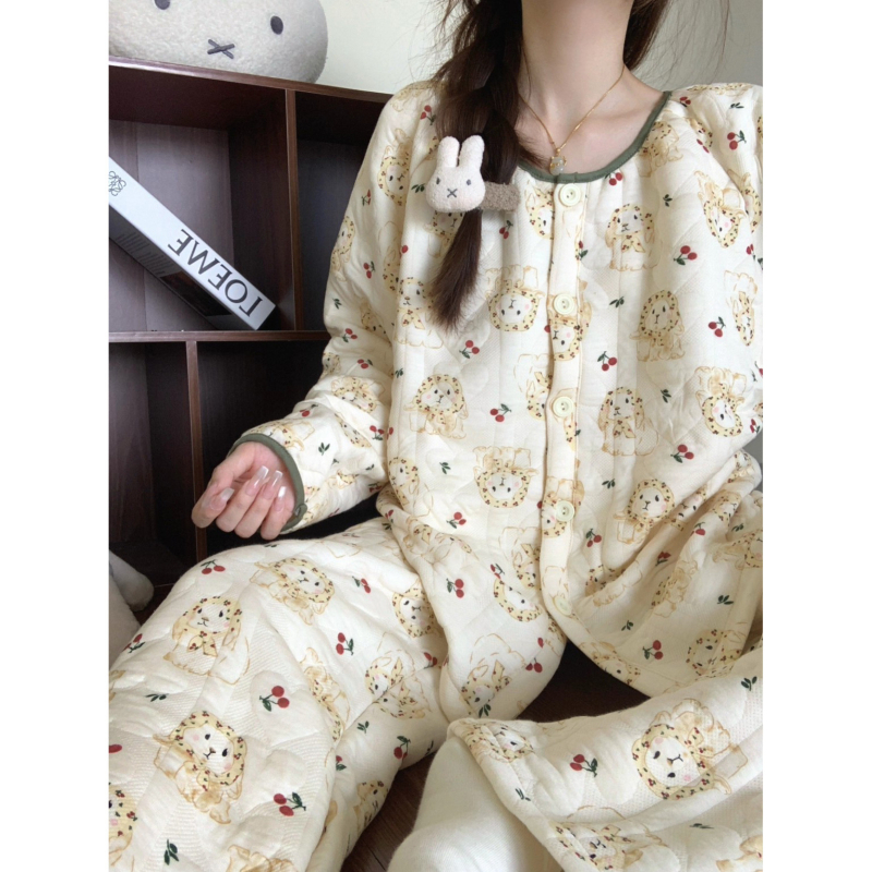 Set za kućnu odjeću od tkanine Air Cotton Layer, kardigan u slatkom stilu, debeo materijal 251-300 g/m², okrugli ovratnik, dugi rukavi i dugi hlače