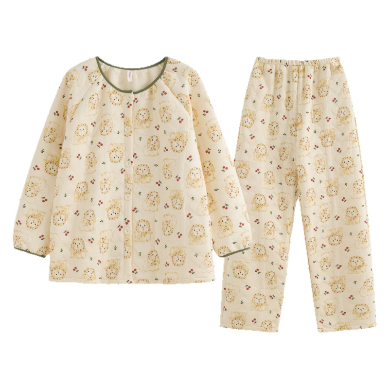 Set za kućnu odjeću od tkanine Air Cotton Layer, kardigan u slatkom stilu, debeo materijal 251-300 g/m², okrugli ovratnik, dugi rukavi i dugi hlače