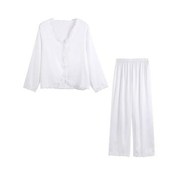 Ženski pidžama set od Ice Silk, francuski stil, V-dekolte, dugi rukavi, hlače