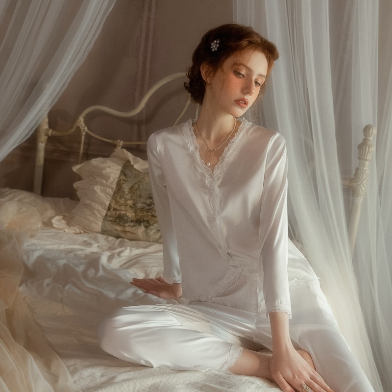 Ženski pidžama set od Ice Silk, francuski stil, V-dekolte, dugi rukavi, hlače