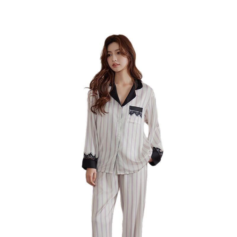 Pidžama set od ice silk s čipkom, tanko i luksuzno, dugi rukavi i hlače (Ice silk; 81-100 g/m²; Long sleeves; Trousers; Lace outside)