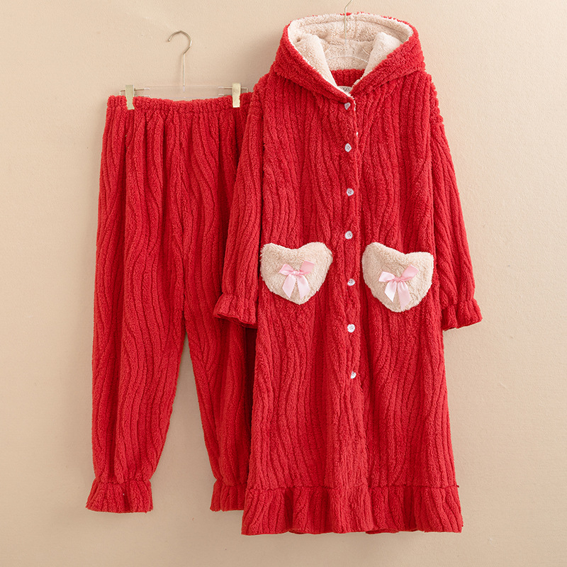Ženski plišani pižamski set – Jacquard stil koledž, debljina 251–300 g/m², Poliester 90–95%, gornji dio s dugim rukavima i hlače