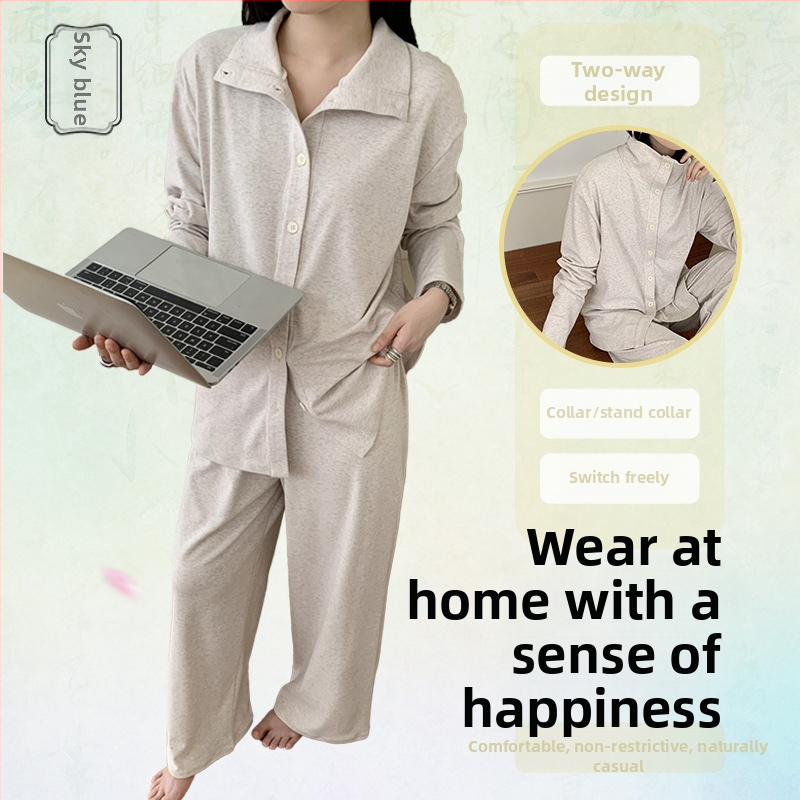 Ženski dvodijelni set pidžama kardigan, Lyocell Brushed, stojeći ovratnik, dugi rukav, debeli materijal