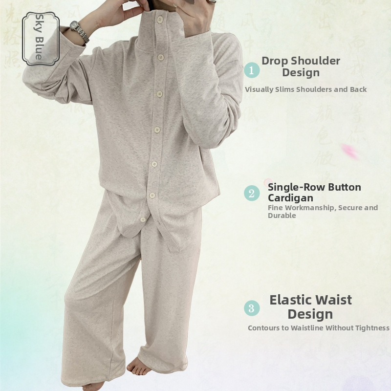 Ženski dvodijelni set pidžama kardigan, Lyocell Brushed, stojeći ovratnik, dugi rukav, debeli materijal