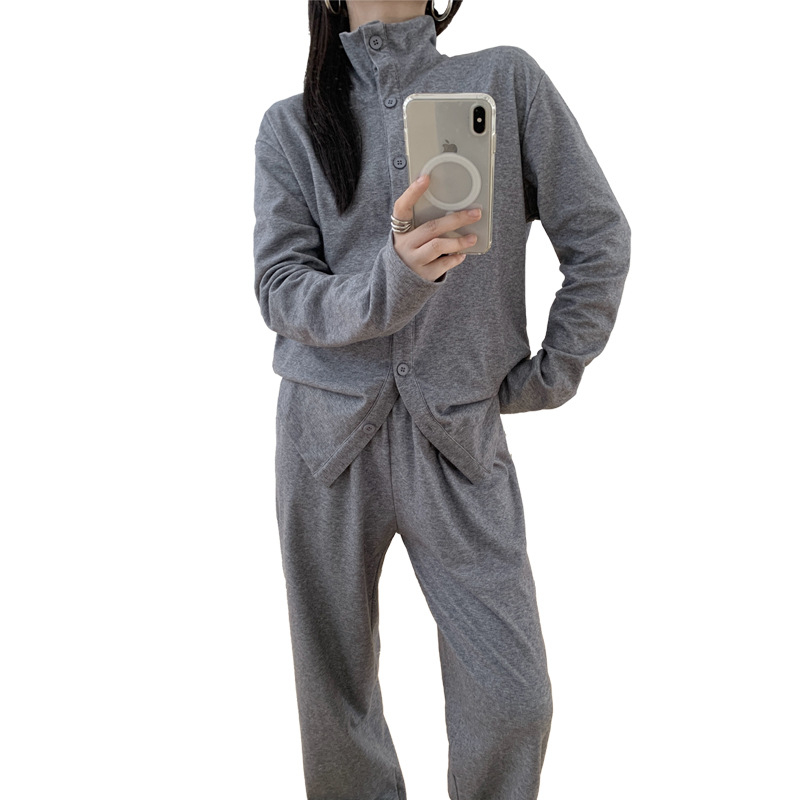 Ženski dvodijelni set pidžama kardigan, Lyocell Brushed, stojeći ovratnik, dugi rukav, debeli materijal