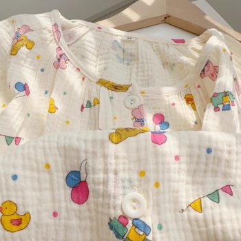Plus size Cartoon pidžama set od pamucne gazaste tkanine – dugi rukavi, četvrtasti ovratnik, lagana spavaća odjeća za proljeće-ljeto-jesen
