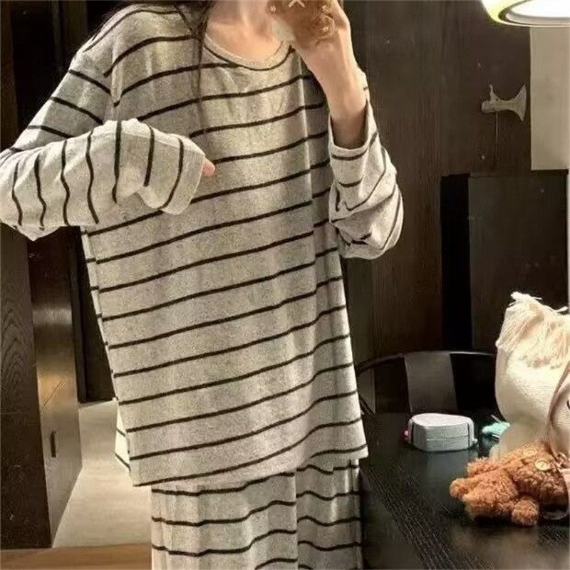 Női Derong velúr pizsama szett, csíkos, laza szabású, kerek nyakú hosszúujjú felső és nadrág, vast anyag, 201–250 g/m²