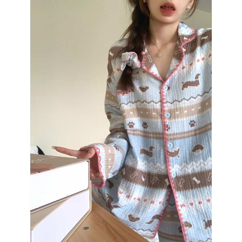 Ženski set pidžama od cloud pamuka — kardigan stil, dugi rukavi, srednja težina 181–200 g/m2, proljeće i jesen