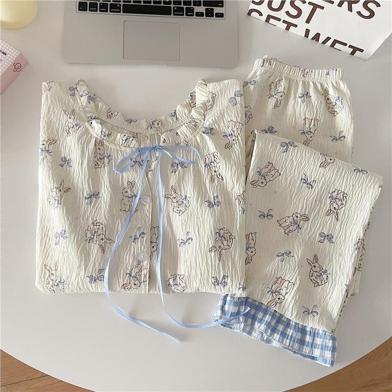 Set pidžama od cloud pamuka sa slatkim printom zeca, zaobljenim izrezom, dugim rukavima i hlačama, lagani materijal 121–140 g/m², pogodno za proljeće i jesen