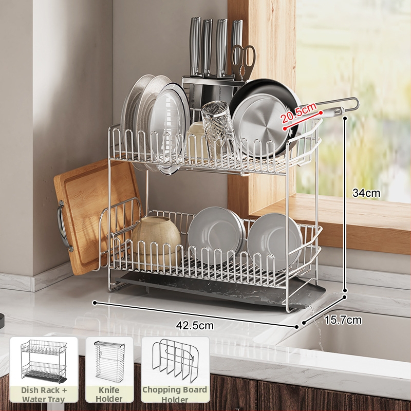 Dvostruki stalak za posuđe od nehrđajućeg čelika 304, za rub sudopera, odvod i skladištenje posuđa