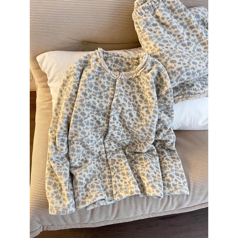 Ženski set pidžama u korejskom stilu, s flecom iznutra, debeli materijal 161–180 g/m2, okrugli izrez, dugi rukavi, hlače, za zimu i jesen kućna udobnost