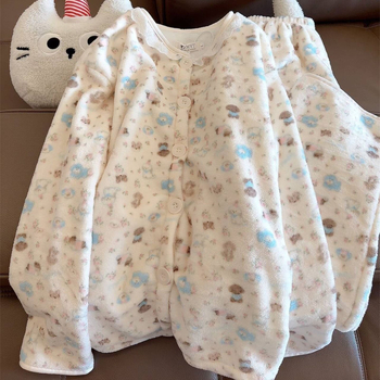 Ženski set pidžama od debelog flanela s okruglim izrezom i cardiganom, dugim rukavima i hlačama, coral fleece materijal