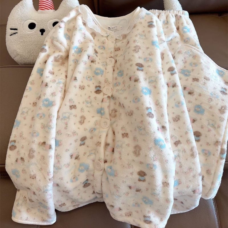 Ženski set pidžama od debelog flanela s okruglim izrezom i cardiganom, dugim rukavima i hlačama, coral fleece materijal