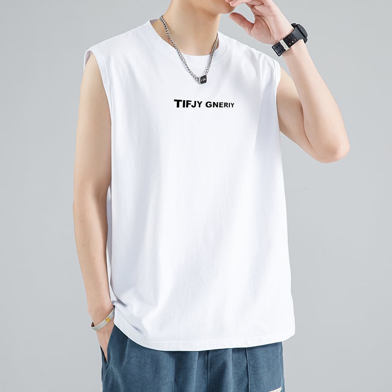 Muški bezrukavni T‑shirt H-75, širokog kroja, poliester, uzorak s slovima, ljeto 2024, sportski stil