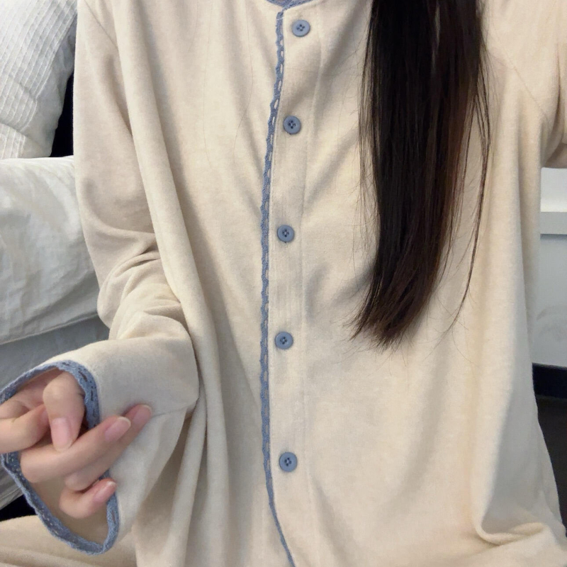 Двоен комплект термо домашни дрехи за жени, акрилово влакно 70–80%, дебелина 251–300 g/m², топ с кардиган стил и кръгла яка, дълги ръкави и панталони