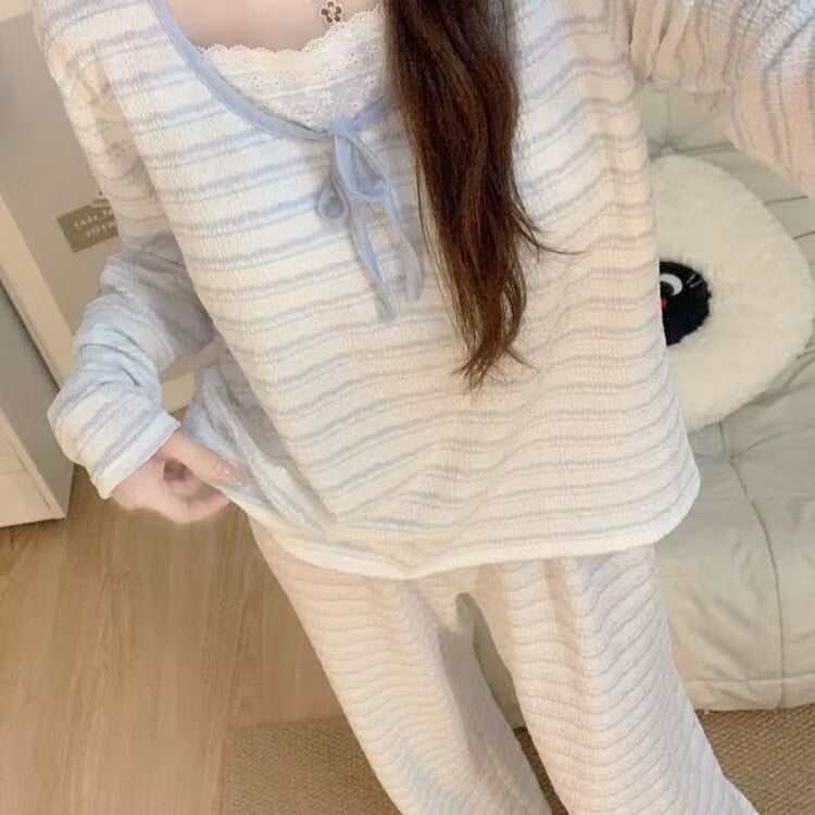 Ženski set pidžama od cloud pamuka s dugim rukavima, plave pruge, sladak stil, pogodan za dom i nošenje vani (proljeće–jesen)