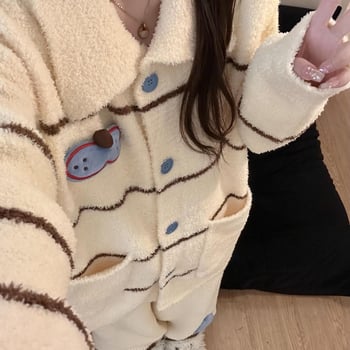 Pijamale cu cardigan tricotat, stil casual, groase și confortabile