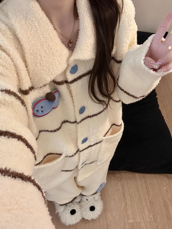 Pijamale cu cardigan tricotat, stil casual, groase și confortabile