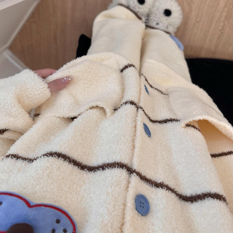 Pijamale cu cardigan tricotat, stil casual, groase și confortabile