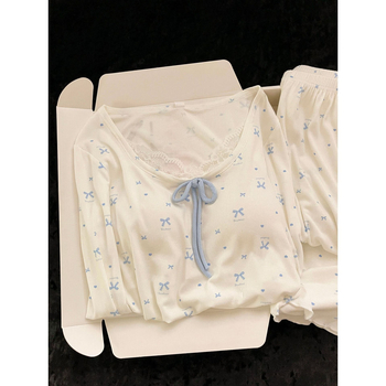 Cvjetni pijama set s ugrađenim umetcima za prsni dio, dugi rukav, Ice-Thread tkanina, čipkasti urbani stil (Proljeće–Jesen)
