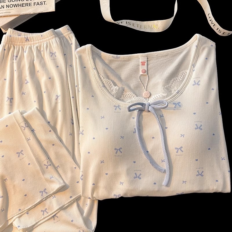 Cvjetni pijama set s ugrađenim umetcima za prsni dio, dugi rukav, Ice-Thread tkanina, čipkasti urbani stil (Proljeće–Jesen)