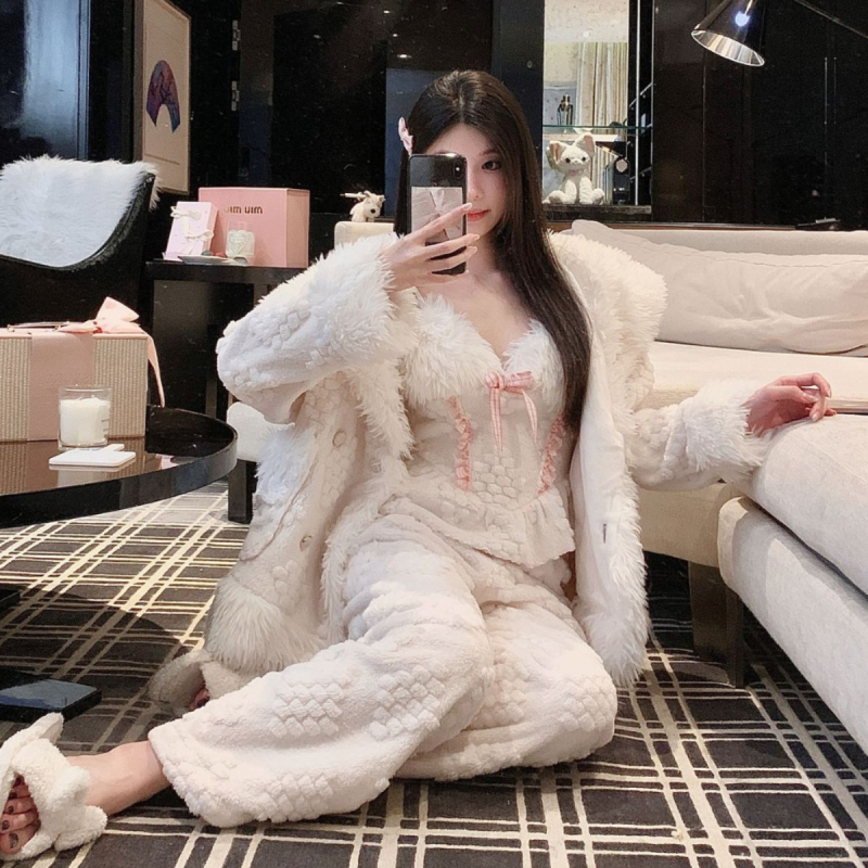 Shu pamut bársony pizsama szett, vastag anyag, hosszú ujjú, három részes, otthoni kényelmes alvóruha