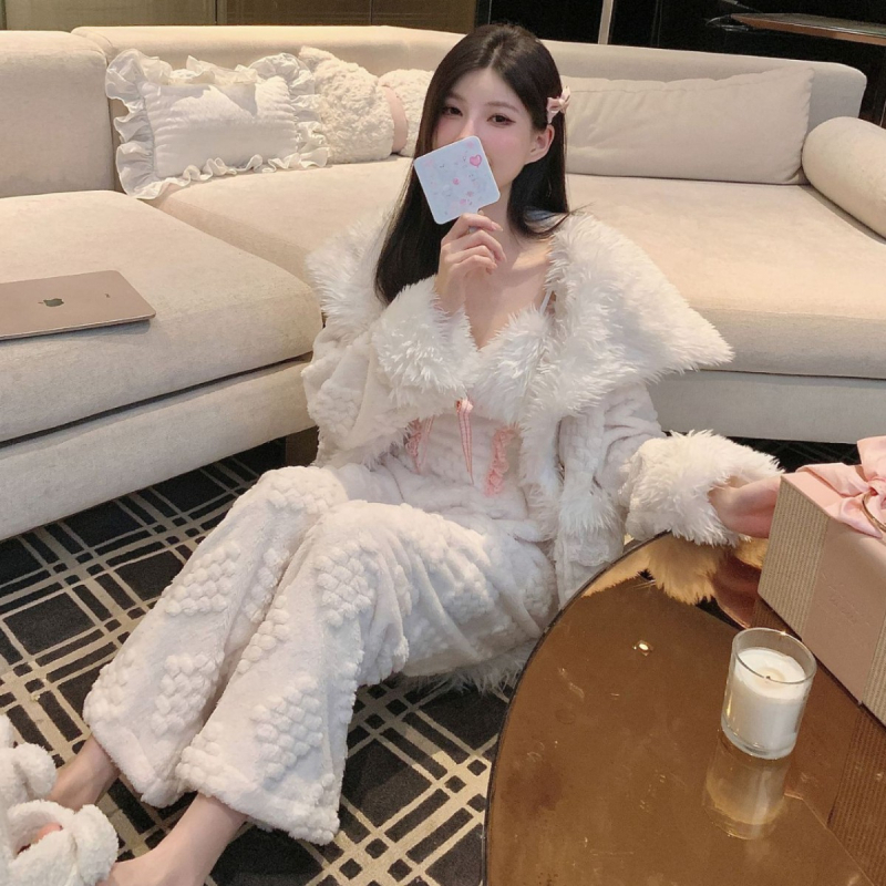 Shu pamut bársony pizsama szett, vastag anyag, hosszú ujjú, három részes, otthoni kényelmes alvóruha