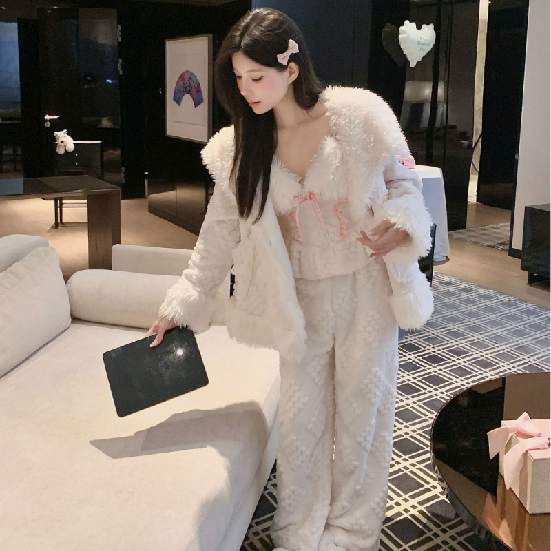 Shu pamut bársony pizsama szett, vastag anyag, hosszú ujjú, három részes, otthoni kényelmes alvóruha