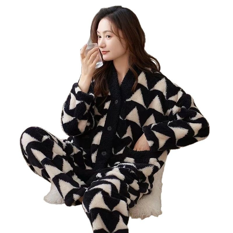 Set de iarnă pentru femei din poliester cu cardigan cu buzunare și pantaloni, cald și minimalist