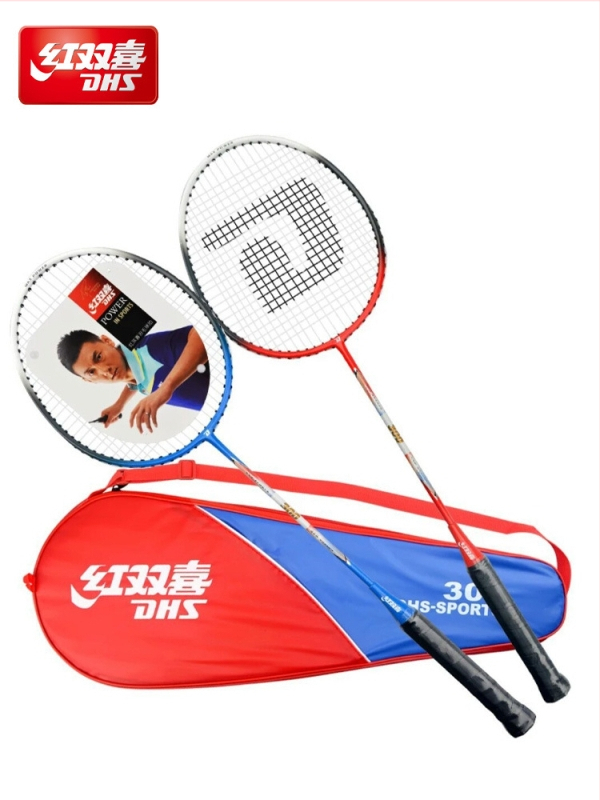 Badminton reketa DHS / Red Double Happiness, okvir od stakloplastike, navoji od svilenih vlakana, težina 95–100 g, debljina hvata G1, ravna reketa