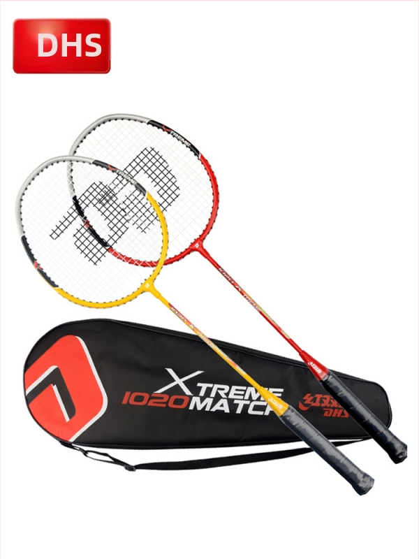Badminton reketa DHS / Red Double Happiness, okvir od stakloplastike, navoji od svilenih vlakana, težina 95–100 g, debljina hvata G1, ravna reketa
