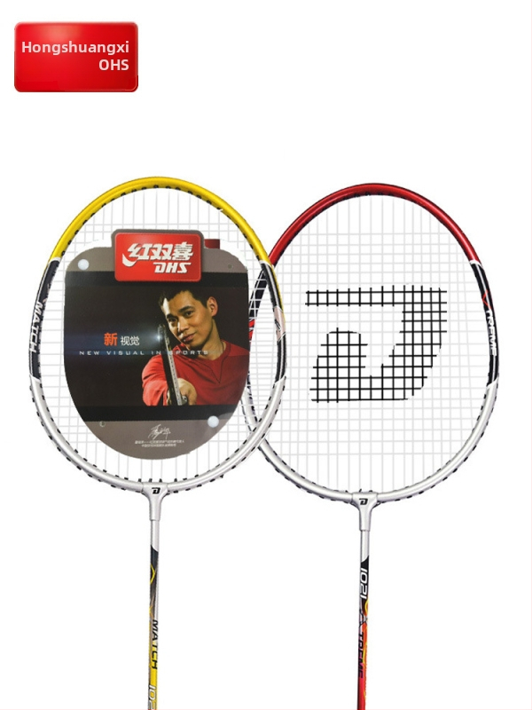 Badminton reketa DHS / Red Double Happiness, okvir od stakloplastike, navoji od svilenih vlakana, težina 95–100 g, debljina hvata G1, ravna reketa