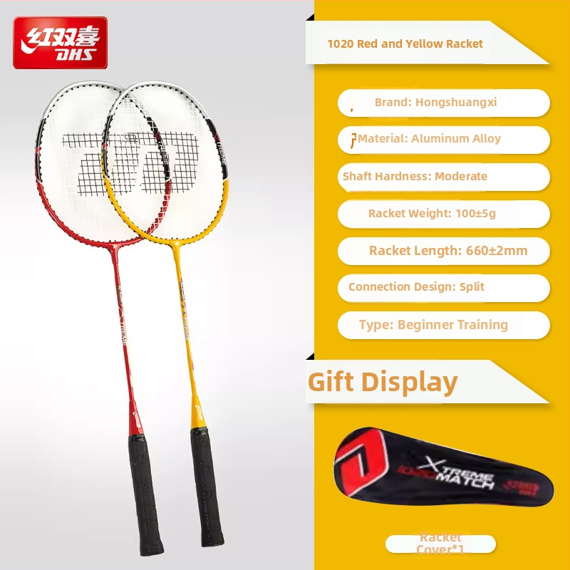 Badminton reketa DHS / Red Double Happiness, okvir od stakloplastike, navoji od svilenih vlakana, težina 95–100 g, debljina hvata G1, ravna reketa