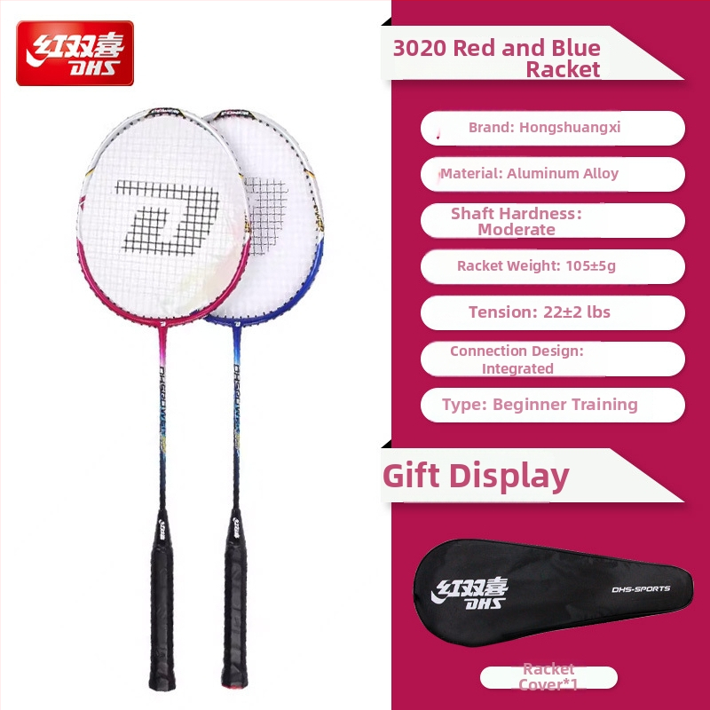 Badminton reketa DHS / Red Double Happiness, okvir od stakloplastike, navoji od svilenih vlakana, težina 95–100 g, debljina hvata G1, ravna reketa
