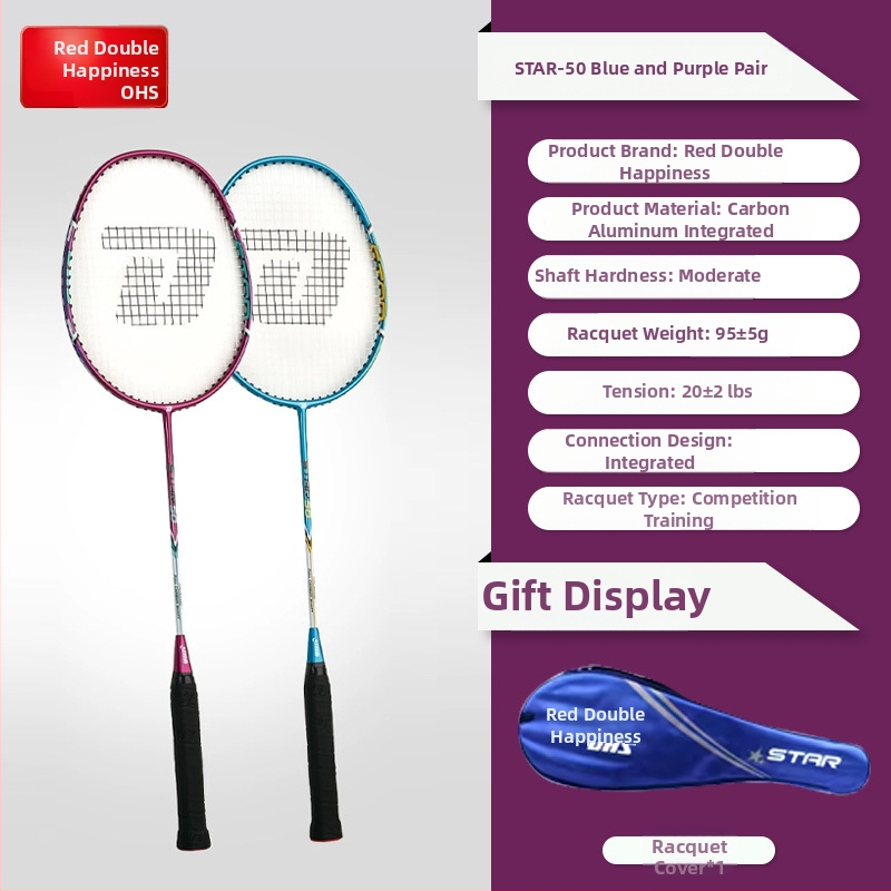 Badminton reketa DHS / Red Double Happiness, okvir od stakloplastike, navoji od svilenih vlakana, težina 95–100 g, debljina hvata G1, ravna reketa