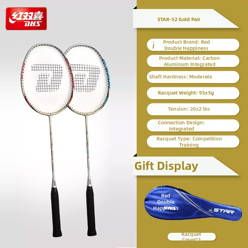 Badminton reketa DHS / Red Double Happiness, okvir od stakloplastike, navoji od svilenih vlakana, težina 95–100 g, debljina hvata G1, ravna reketa