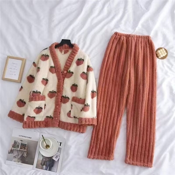 Set pijamale cu cardigan V-neck din fleece coral – loungewear de iarnă gros, 201-250 g/m2, mâneci lungi
