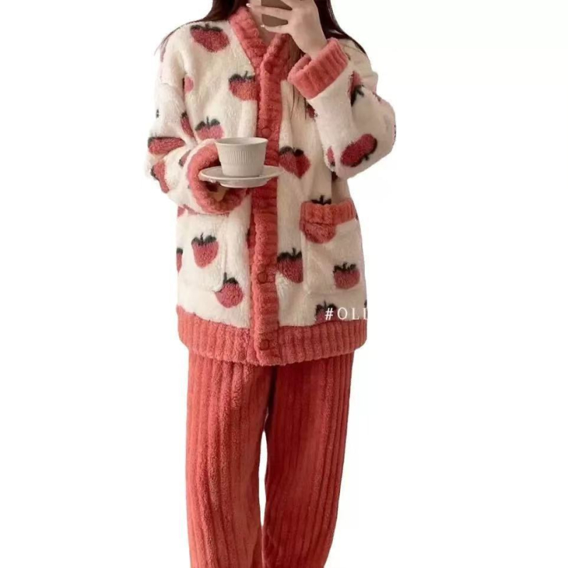 Set pijamale cu cardigan V-neck din fleece coral – loungewear de iarnă gros, 201-250 g/m2, mâneci lungi