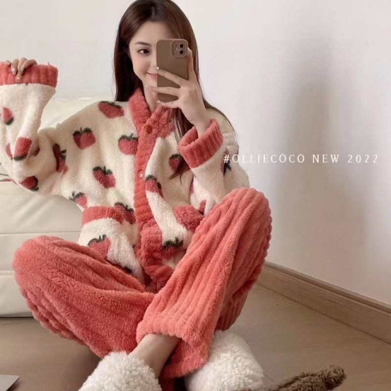 Set pijamale cu cardigan V-neck din fleece coral – loungewear de iarnă gros, 201-250 g/m2, mâneci lungi