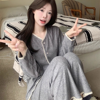 Pidžama set od ovčje vune, cardigan stil, japansko-korejski stil, gustoća 201-250 g/m², okrugli ovratnik, dugi rukavi