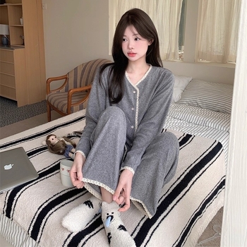 Pidžama set od ovčje vune, cardigan stil, japansko-korejski stil, gustoća 201-250 g/m², okrugli ovratnik, dugi rukavi