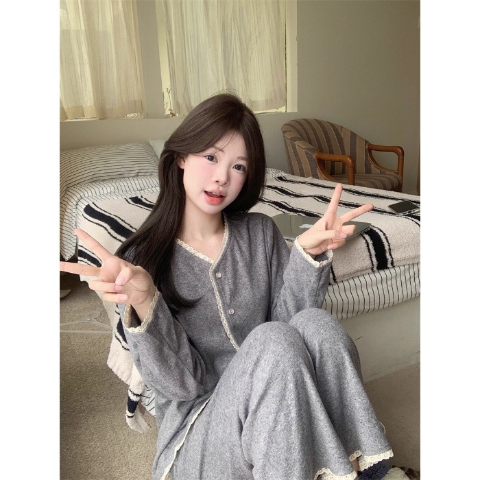 Pidžama set od ovčje vune, cardigan stil, japansko-korejski stil, gustoća 201-250 g/m², okrugli ovratnik, dugi rukavi